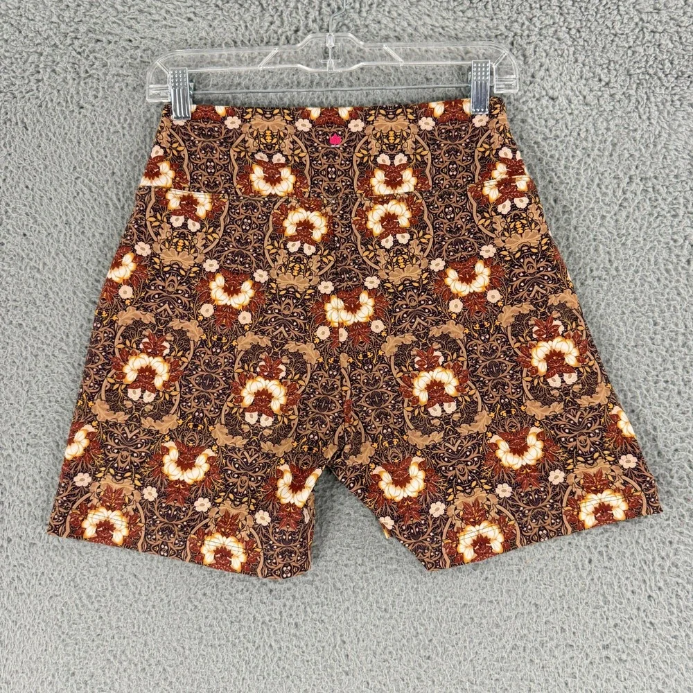 KiraGrace Biker Shorts Womens S Brown Floral Tapestry High Rise Pockets Yoga Gym
